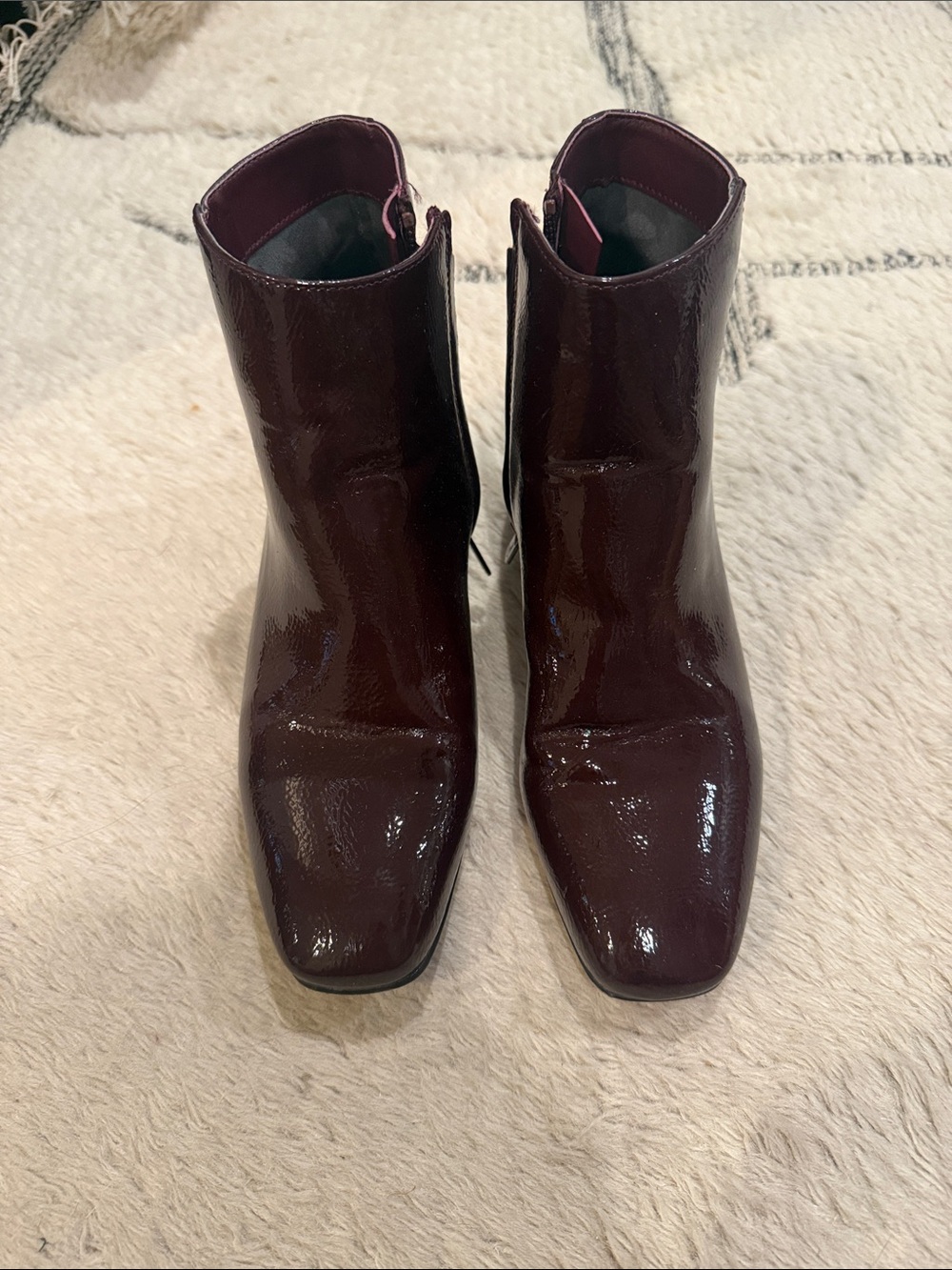 Patent Burgundy Square-Toe Ankle Booties